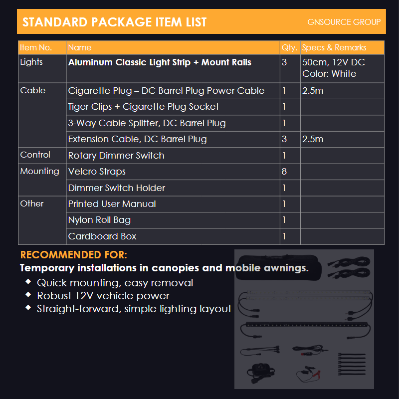 3-Bar Camping Awning DIY Light Kit, White LED, Aluminum Classic, Dimmable