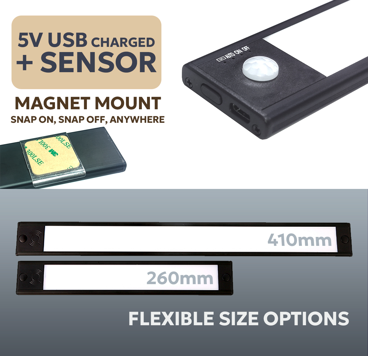 Flat Interior Light - USB Rechargeable Proximity Sensor - 260mm 410mm Models Available