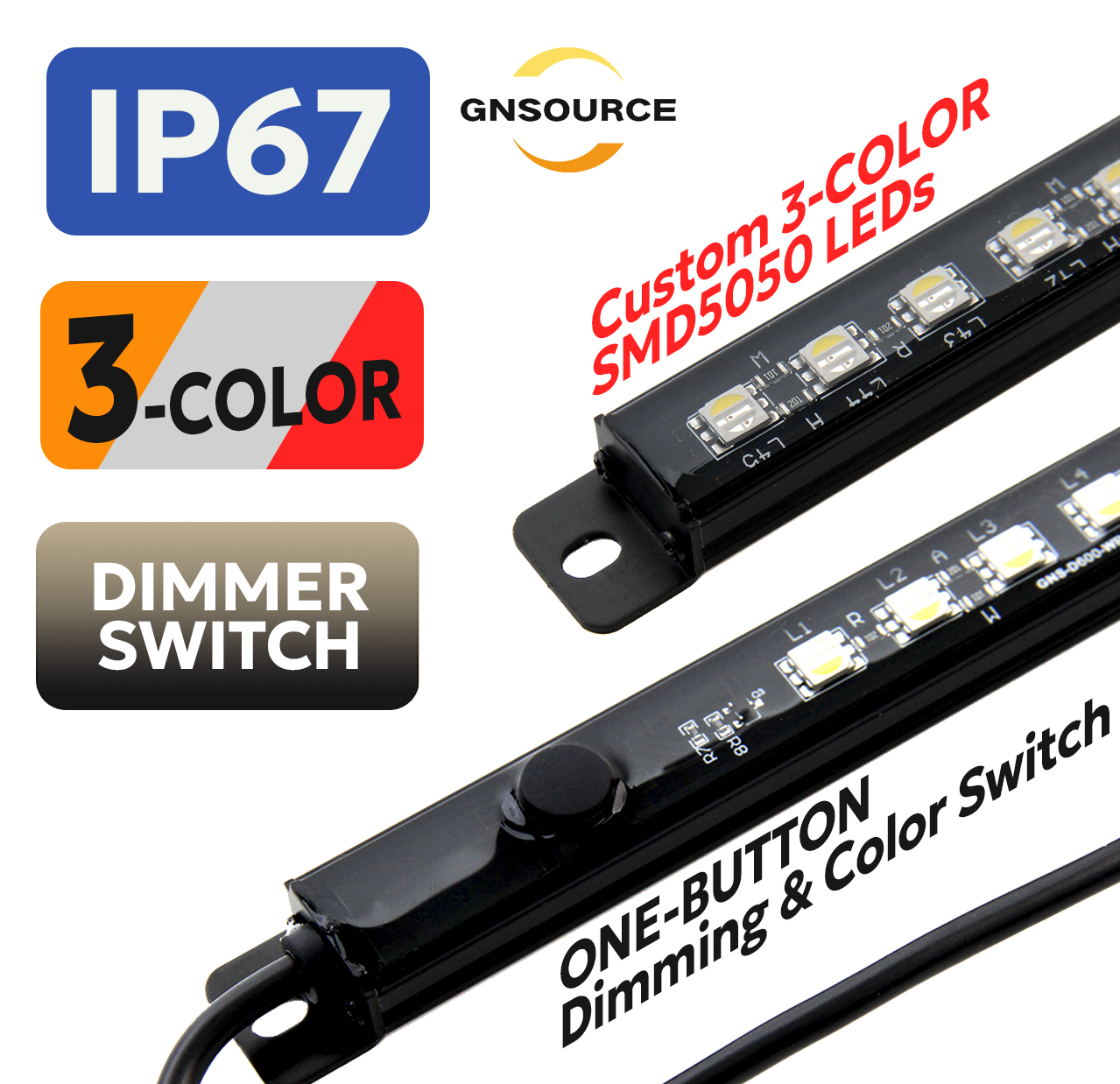 Aluminum Classic Light Strip - NEW! TRI-COLOR Red + Amber + White, Dimmer Switch - 30cm 60cm 90cm 100cm available