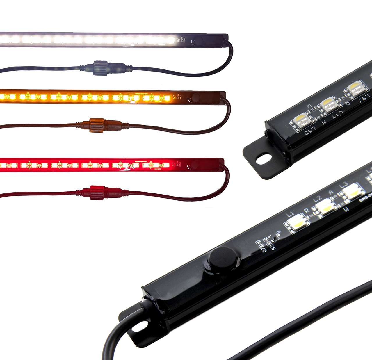 Aluminum Classic Light Strip - NEW! TRI-COLOR Red + Amber + White, Dimmer Switch - 30cm 60cm 90cm 100cm available